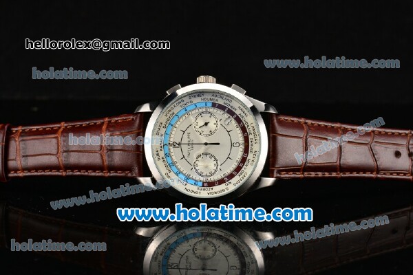 Patek Philippe Complicated World Time Chrono Miyota Quartz Steel Case with White Dial and Brown Leather Strap - Click Image to Close